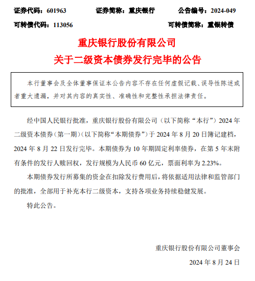 重慶銀行：成功發(fā)行60億元二級(jí)資本債券