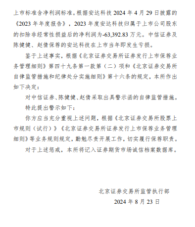 中信證券因保薦的安達(dá)科技上市當(dāng)年即虧損6.34億元 被北交所出具警示函  第2張