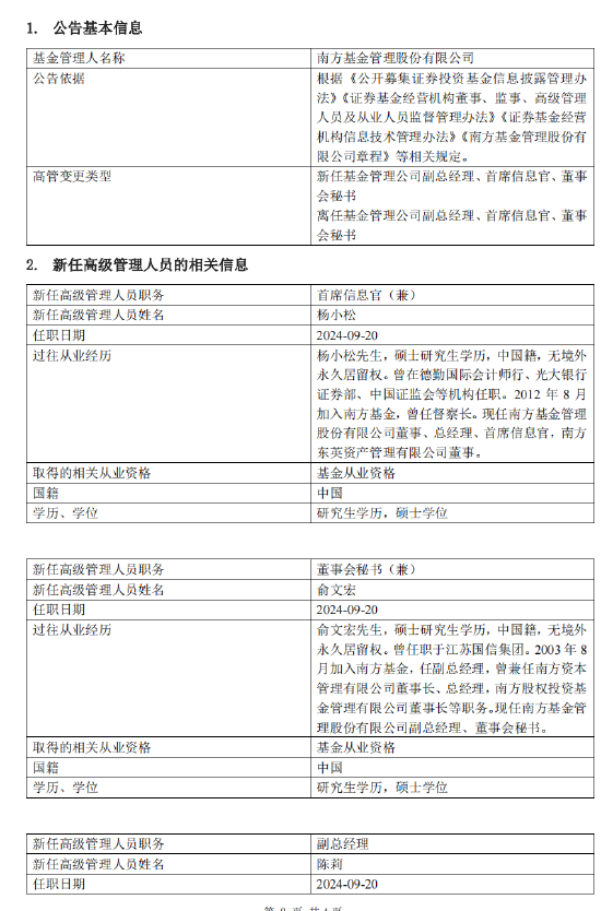 南方基金完成高管團(tuán)隊(duì)換屆 楊小松擔(dān)任公司總經(jīng)理兼首席信息官  第1張