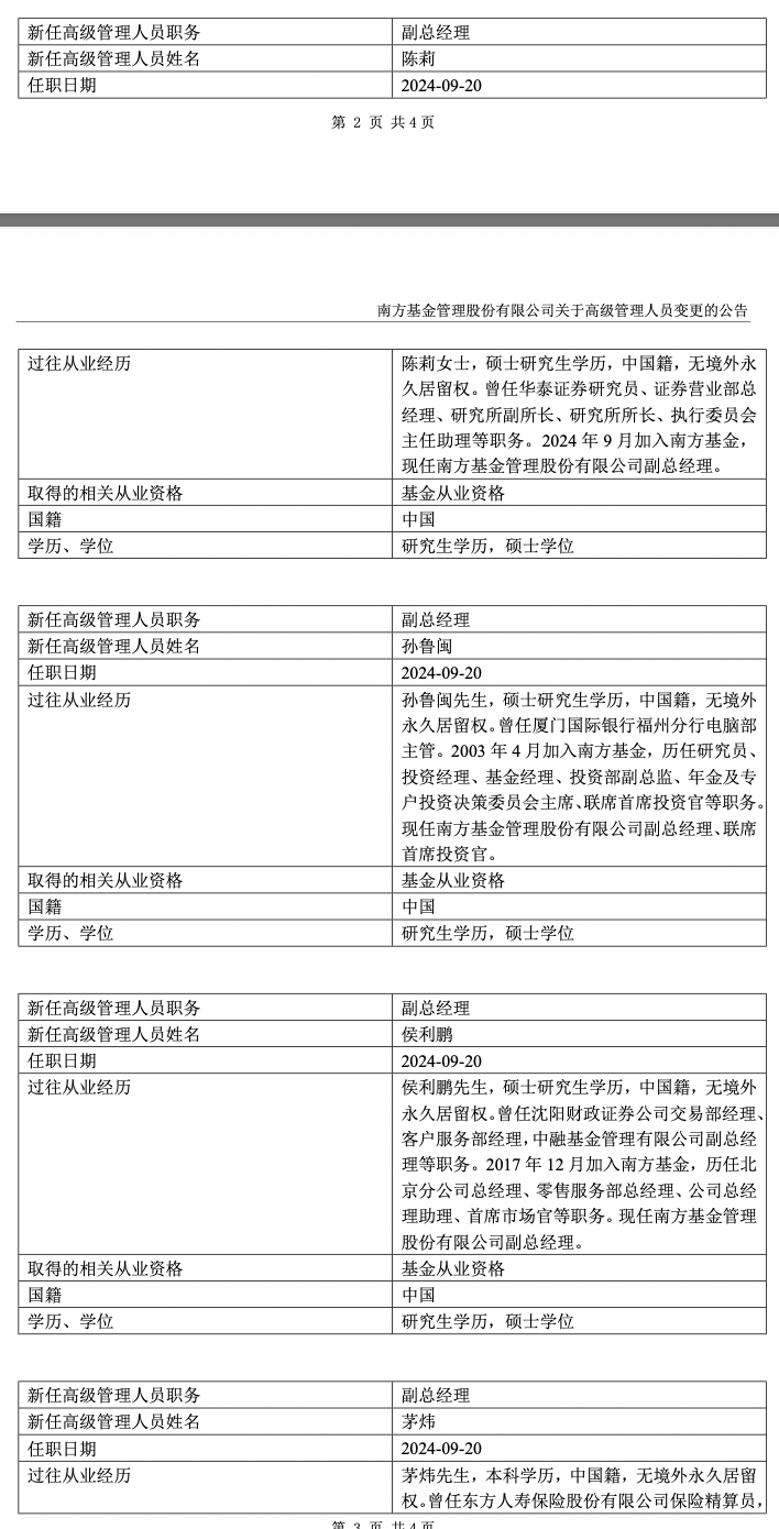 萬億公募南方基金高管團隊換屆：新聘任四位副總經(jīng)理，三人卸任  第2張