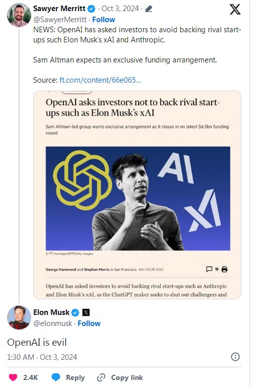 OpenAI要求投資者不要支持xAI等競爭對手，馬斯克回應(yīng)：真邪惡！