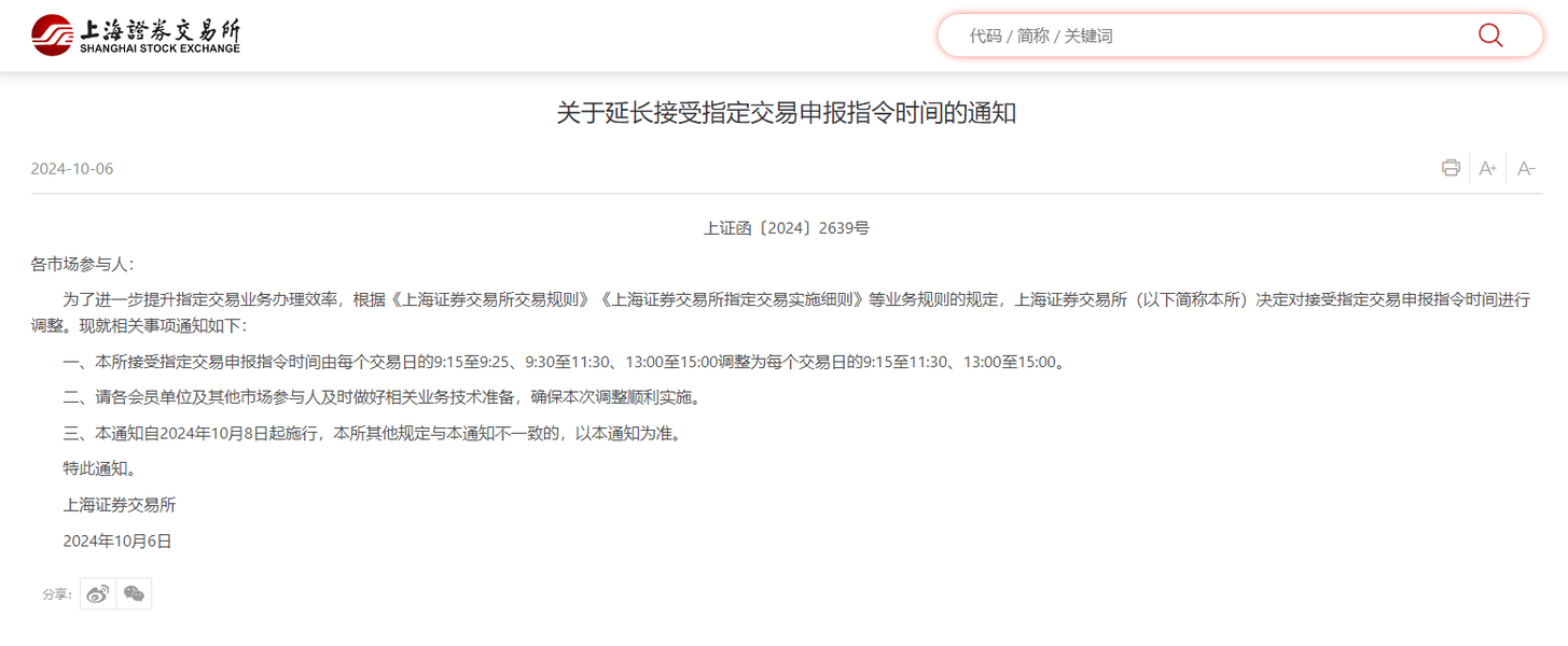 上交所：自10月8日起延長(zhǎng)接受指定交易申報(bào)指令時(shí)間  第1張
