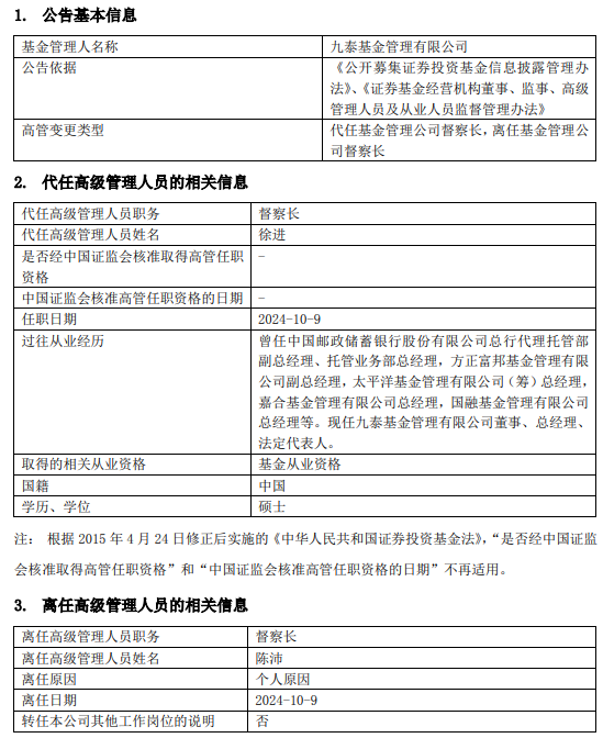 任職7年 九泰基金督察長陳沛因個人原因離任  第1張