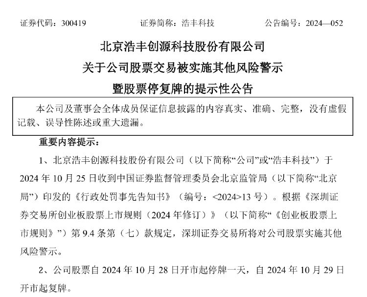 浩豐科技將被ST！涉嫌信披違法違規(guī)擬被罰，前三季度凈利遭“腰斬”  第2張