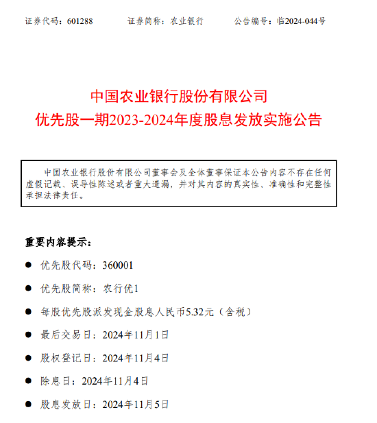 農(nóng)業(yè)銀行：每股農(nóng)行優(yōu)1將于11月5日派息5.32元