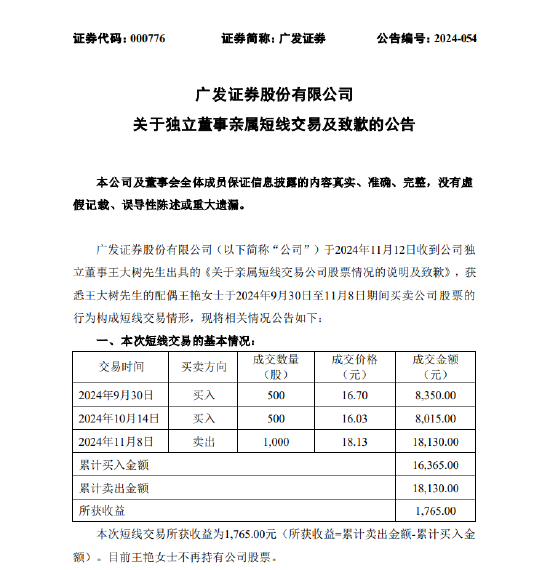 廣發(fā)證券：獨(dú)立董事王大樹親屬短線交易公司股票  第1張