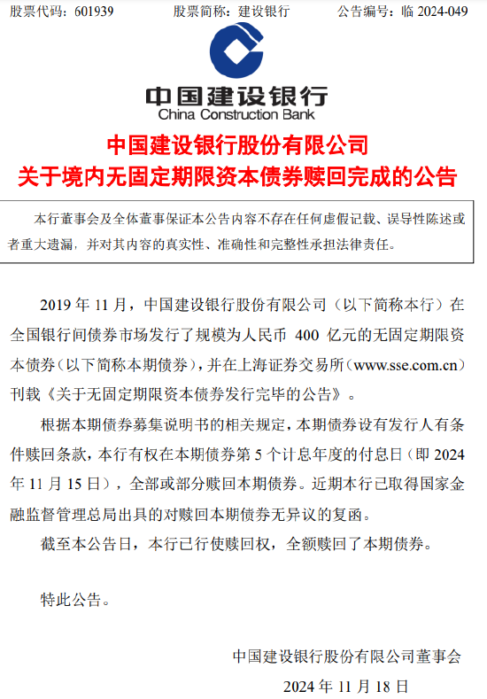 建設(shè)銀行：400億元無固定期限資本債券贖回完成